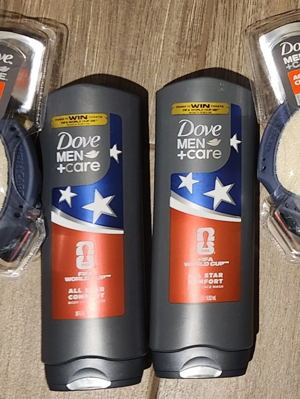 4 Items... 2 Dove Men+Care Red & Blue Body Wash And 2 Scrubbers